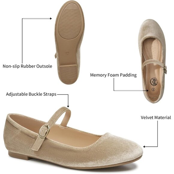 Trary Women Nude Leather Round Toe Mary Jane Ankle Strap Ballet Flats Shoes - Picture 4 of 6